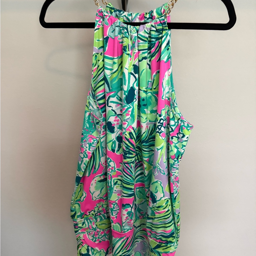 Lilly Pulitzer Pink & Green Tropical Halter Shell with Chain Neck - Picture 4 of 7